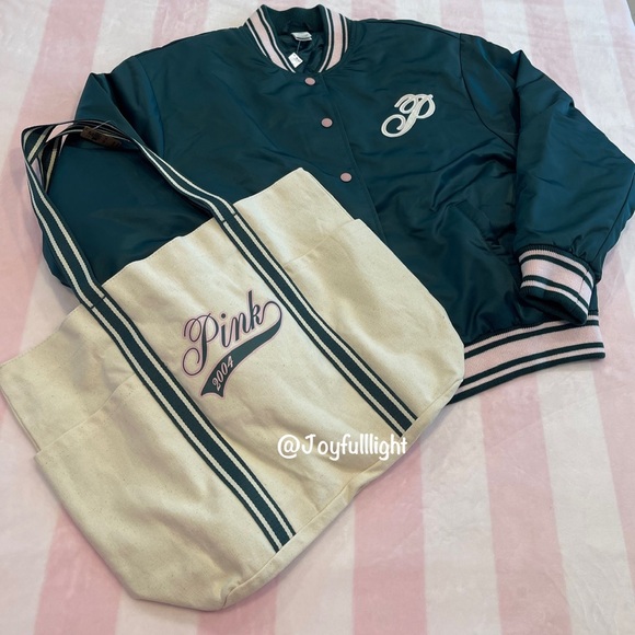 NWT VS PINK VARSITY JACKET DEEP IN FOREST LIMITED EDITION LARGE PLUS FREE TOTE - Picture 6 of 16